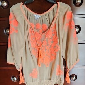 VENUS Tan 3/4 Sleeve Tie Front Sheer Blouse